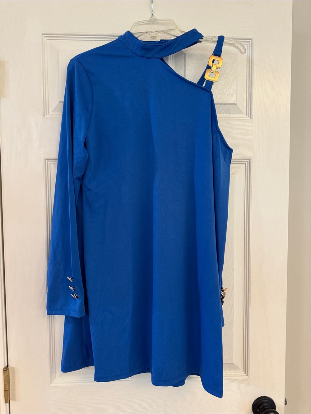 Asymmetric One-Shoulder Blue Women’s Dress with Buckle Detail. Women’s Large.